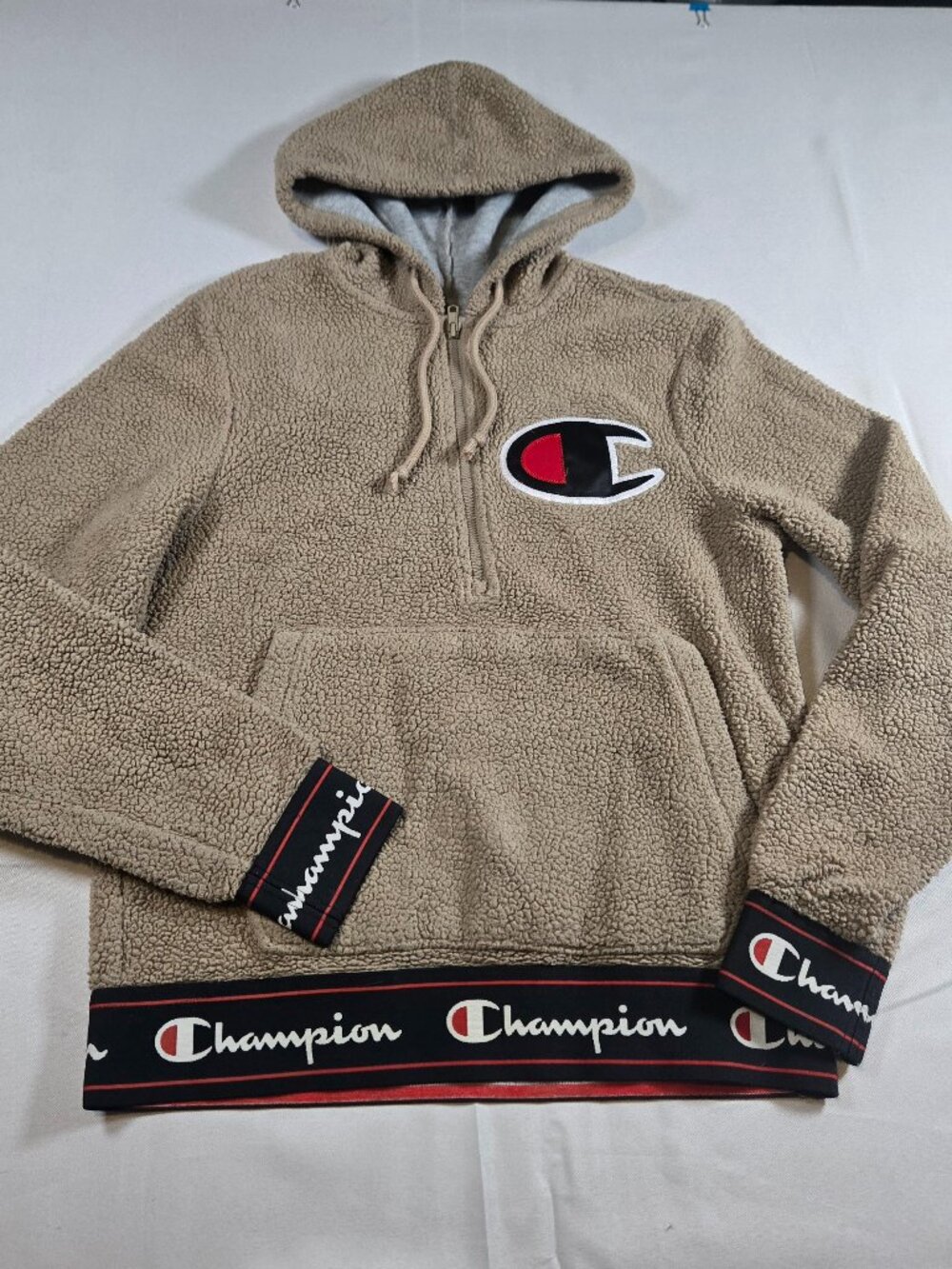 Champion Quarter Zip fleece Tan Sherpa Hoodie Size Medium